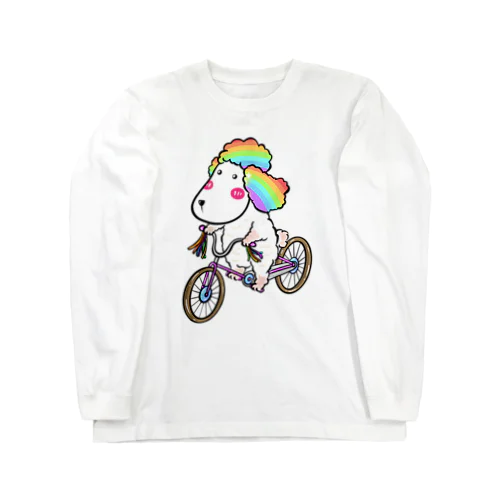 自転車に乗ったレインボープードル犬 ロングスリーブTシャツ