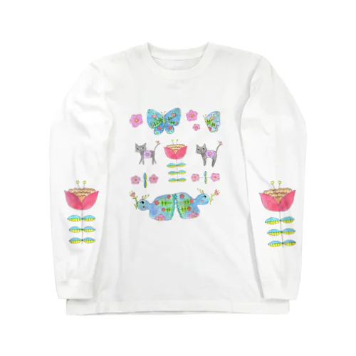  ほのぼのシリーズ　花とネコwith bird Long Sleeve T-Shirt