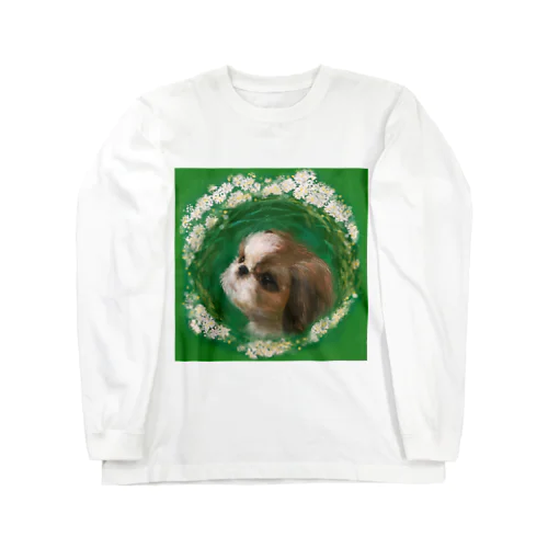 かわいいシーズー 犬と雪柳のフラワーリース Long Sleeve T-Shirt