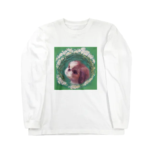 かわいいシーズー 犬と雪柳のフラワーリース ロングスリーブTシャツ