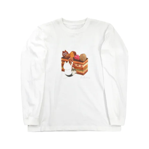 ネコぱんとチョコ乗せオペラケーキ ロングスリーブTシャツ