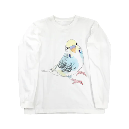 見つめる七色セキセイインコちゃん【まめるりはことり】 ロングスリーブTシャツ