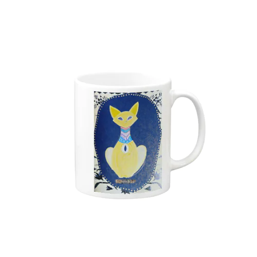 青い背景の金色猫 マグカップ