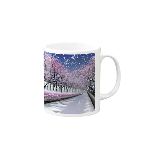 夜の桜並木に雪 Mug