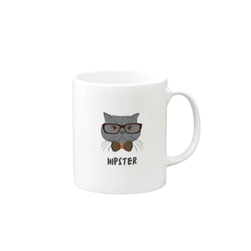 Grey Illustrated Cat Hipster T-Shirt Mug