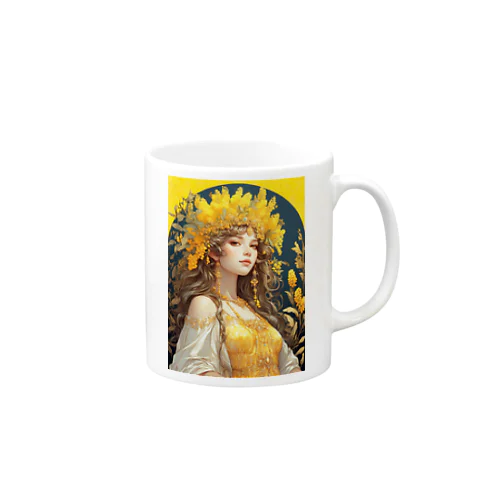 ミモザの花の妖精・精霊の少女の絵画 Mug