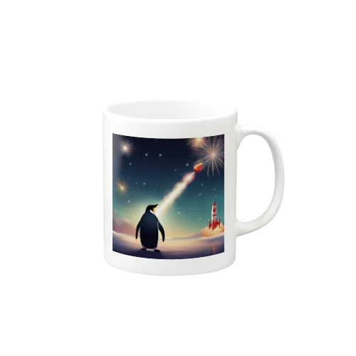 ロケット花火を見上げているペンギン Mug