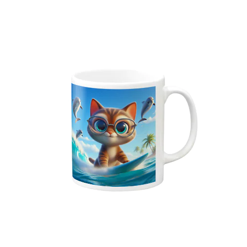 お気に入りのサーフボードでサーフィンする猫 Mug