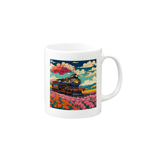 日本の風景:花畑の中をはしるSL 蒸気機関車、Japanese senery: SL steam locomotive running through a flower field Mug