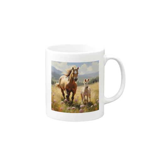 草原で遊ぶ馬の親子　Dream   2047 Mug