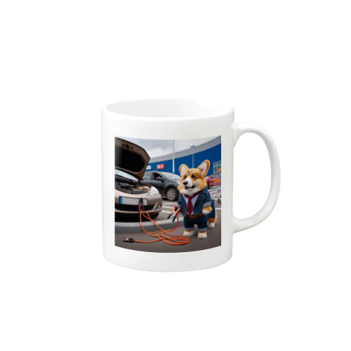 車のバッテリーがあがって、立ち往生しているコーギー Mug