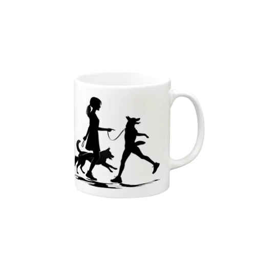 犬を散歩する女の子のシルエット マグカップ