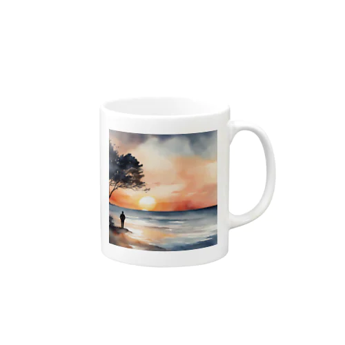 夕日に染まる海を背 Mug