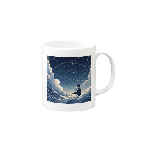 鮮やかな世界に包まれた、幻想的な雲の中をかける少年。風 Mug