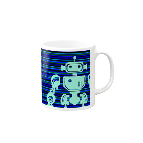 青いボーダー地と水色のレト口なロボットのシルエット Mug