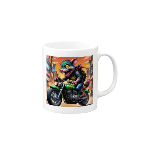 かわいくてクールなモンスターがアメリカンスタイルのバイクに乗っている様子 Mug