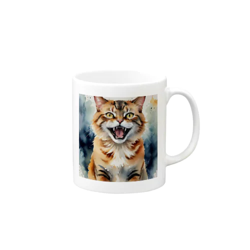 怒った猫の表情が鮮やかに描かれた水彩画 Mug