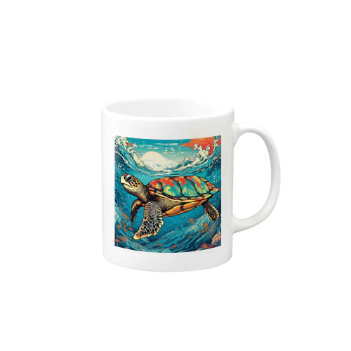 日本の風景:荒波にもまれる海がめ、Japanese scenery: Sea turtle caught in rough waves Mug