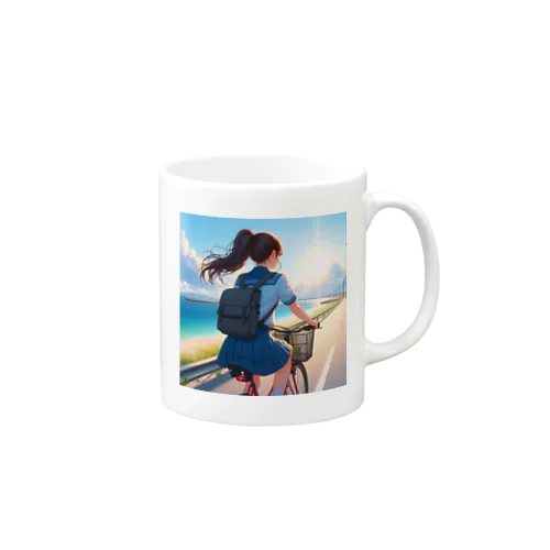 海岸沿いの風、自転車を漕ぐ女の子 Mug