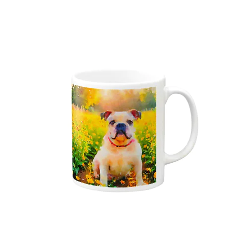 水彩画の犬 花畑のブルドッグのイラスト Mug