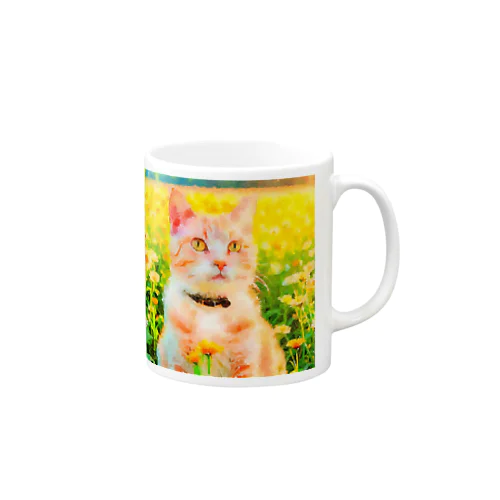 猫の水彩画/花畑のチャシロねこのイラスト/茶白ネコ マグカップ