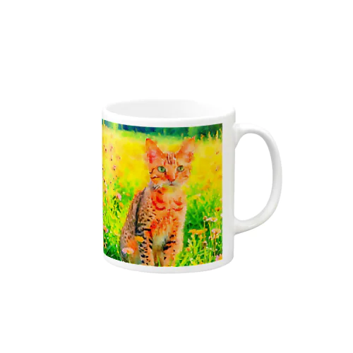 猫の水彩画/花畑のオシキャットねこのイラスト/キジトラネコ Mug