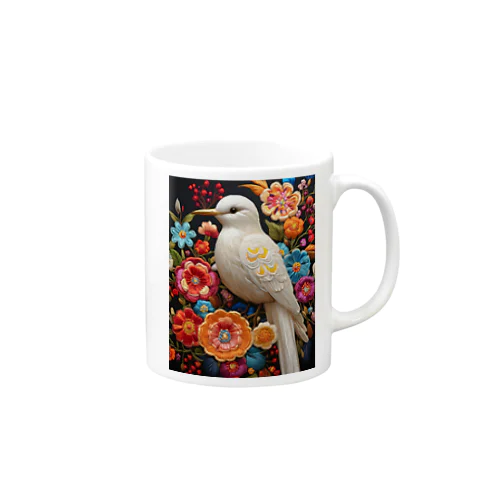 白い鳥さんとお花の刺繍 マグカップ