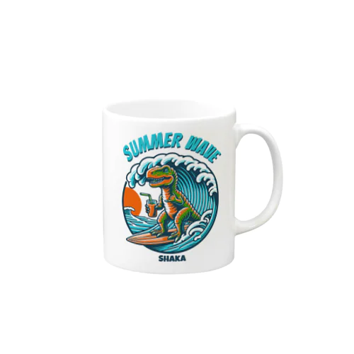 シャカサインしながらサーフィンする恐竜ハワイ Mug