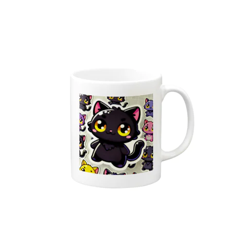 魅惑の黒猫が、カラフルな背景と調和してかわいさを放つシーン Mug