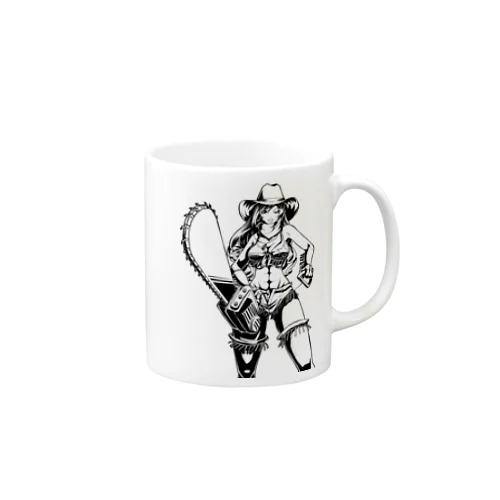 アメリカンコミック（アメコミ）風 セクシーなチェーンソーを持ったカウガール モノクロ Mug