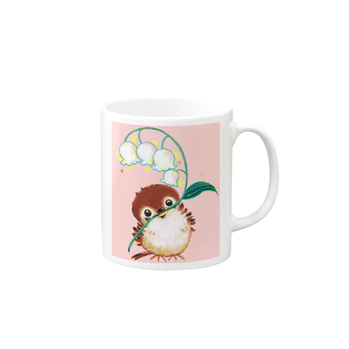 すずらんを持つ子スズメ（背景ピンク） Mug