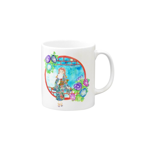 「窓際の夏」青空・朝顔縁・浴衣の女の子 Mug