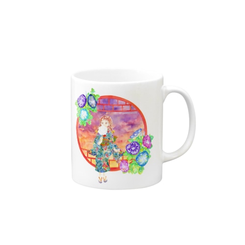「窓際の夏」夕焼け・朝顔朝顔縁・浴衣の女の子 Mug