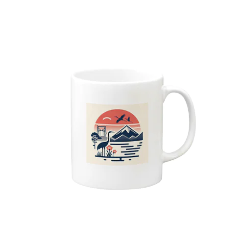 夕陽に映える鶴と富士 Mug