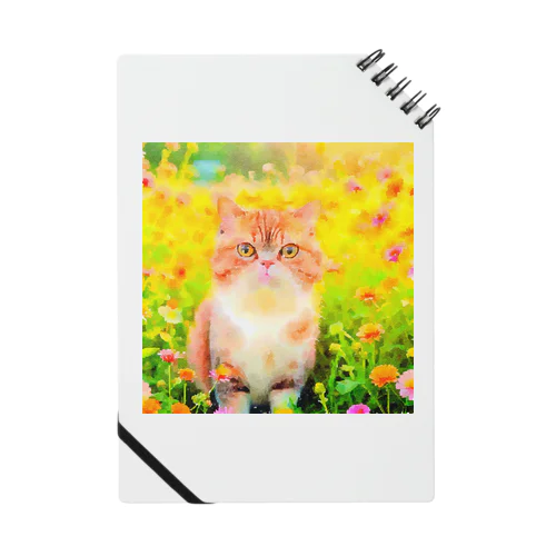 猫の水彩画/花畑のエキゾチックショートヘアねこのイラスト/茶トラネコ Notebook