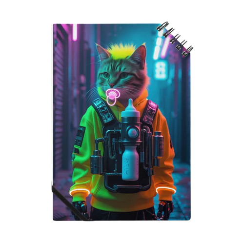 ネオンパーカーのトレンディ猫｜Trendy Cyber Cat with Neon Hoodie & Mech Bottle Notebook