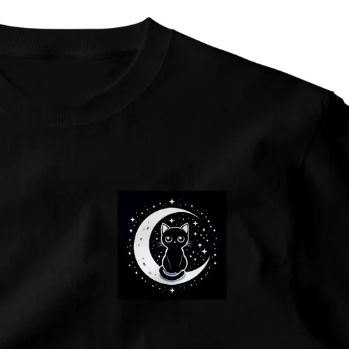 黒猫 月  ワンポイントTシャツ