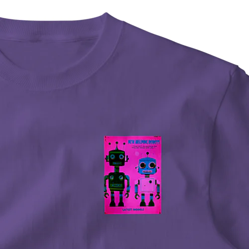 2機のレトロなお手伝いロボット/ピンク地 ワンポイントTシャツ