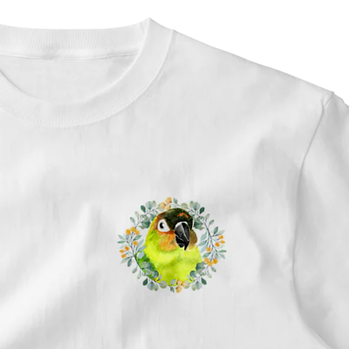 020 クロカミインコ(ハイブリッド)　オレンジ小花のリース ワンポイントTシャツ