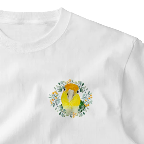 031 シロハラインコ オレンジ小花のリース ワンポイントTシャツ