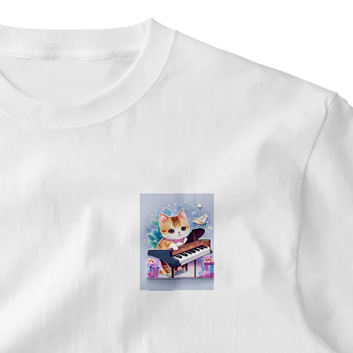 愛くるしい猫ちゃん＆ピアノ ワンポイントTシャツ