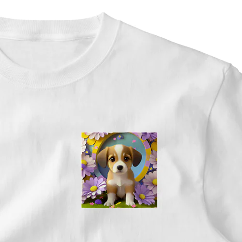 陽気な子犬と春の花々 ワンポイントTシャツ