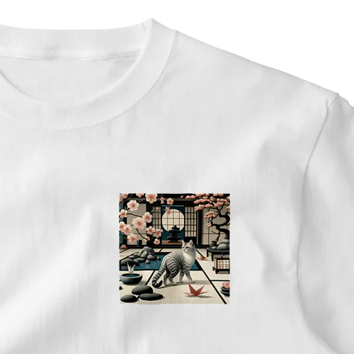 和紋様 x 猫　禅庭園の猫 ワンポイントTシャツ