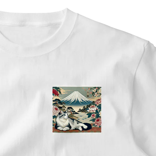 和紋様 x 猫　伝統的な和の休息 One Point T-Shirt