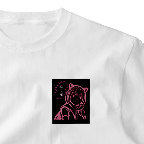ねこ娘　アニメ風　ピンク ワンポイントTシャツ