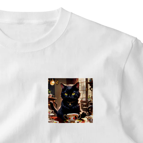 お茶の時間・ティータイム黒猫 ワンポイントTシャツ