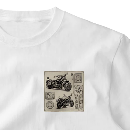 クラシックバイクの設計図と計器類 ワンポイントTシャツ