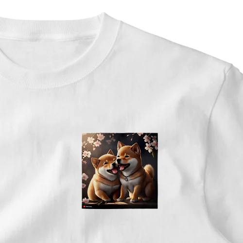 和笑い転げている子犬の柴犬 ワンポイントTシャツ