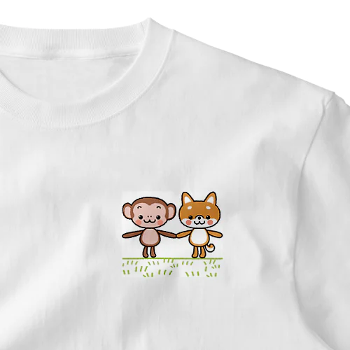 笑い転げているサルと子犬の柴犬 One Point T-Shirt