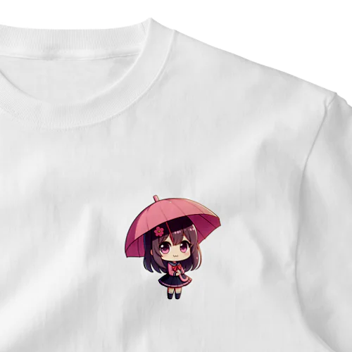 ピンクの傘と可愛い少女💞 ワンポイントTシャツ